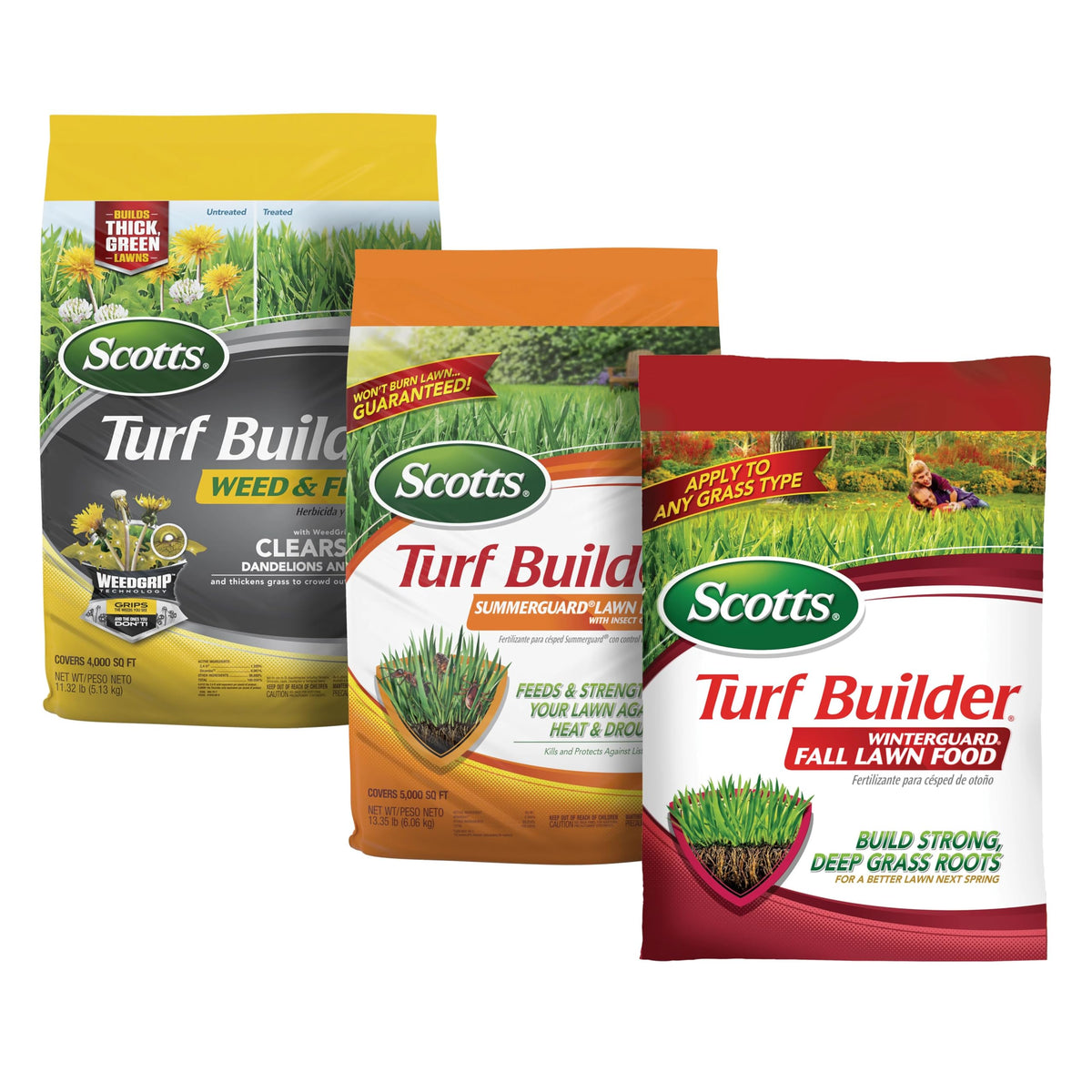 Scotts Turf Builder Weed & Feed5 clears dandelions and clover for thicker grass and fewer weeds