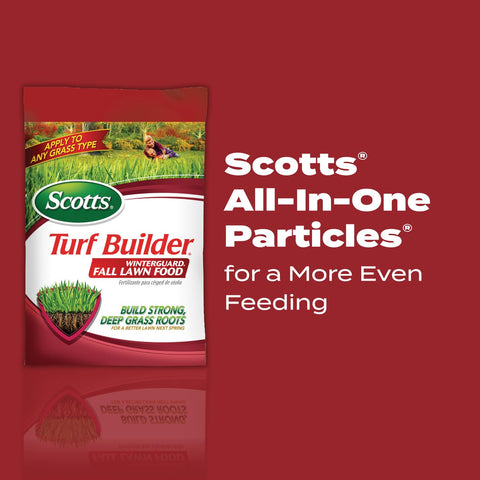 Pouring Scotts Turf Builder WinterGuard Fall Lawn Food for even coverage.