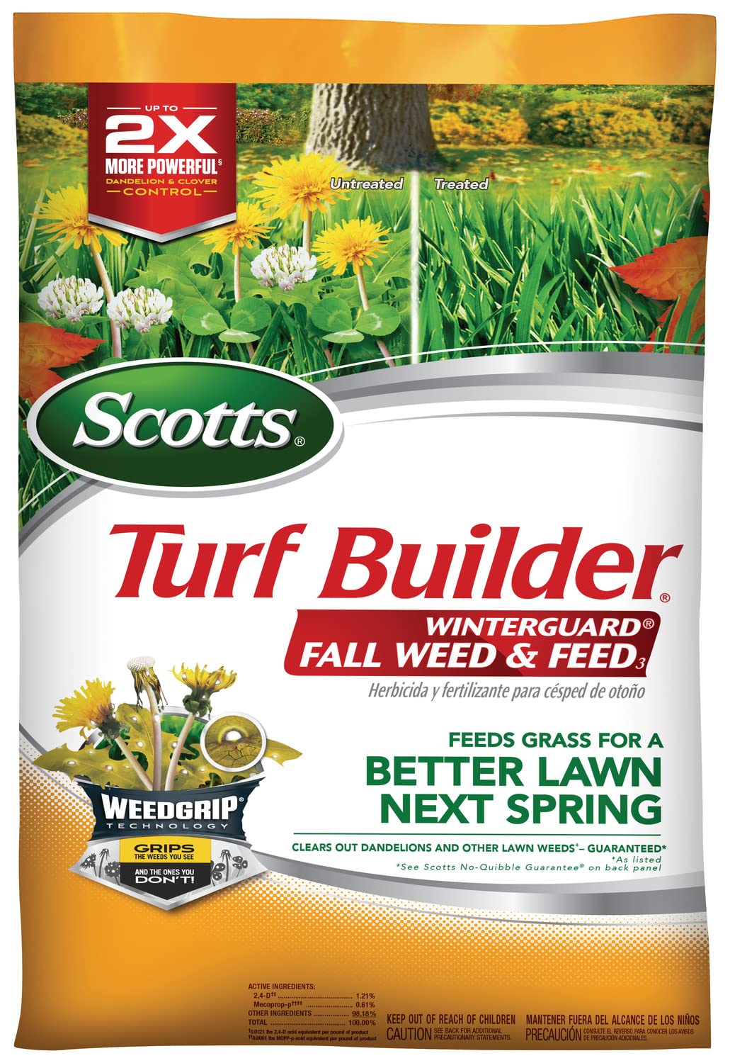 Scotts Turf Builder WinterGuard Fall Weed & Feed3 bag on lawn.