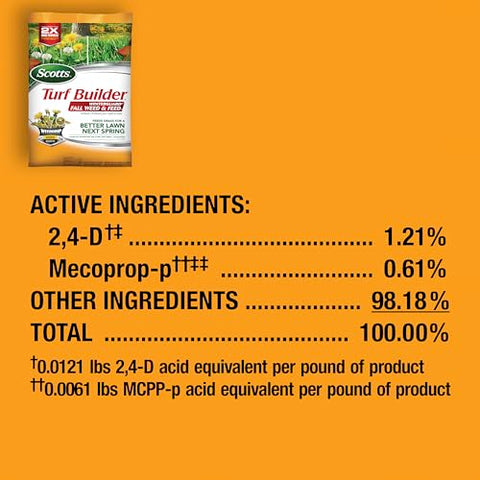 Scotts Turf Builder WinterGuard Fall Weed & Feed3 label close-up showing ingredients.