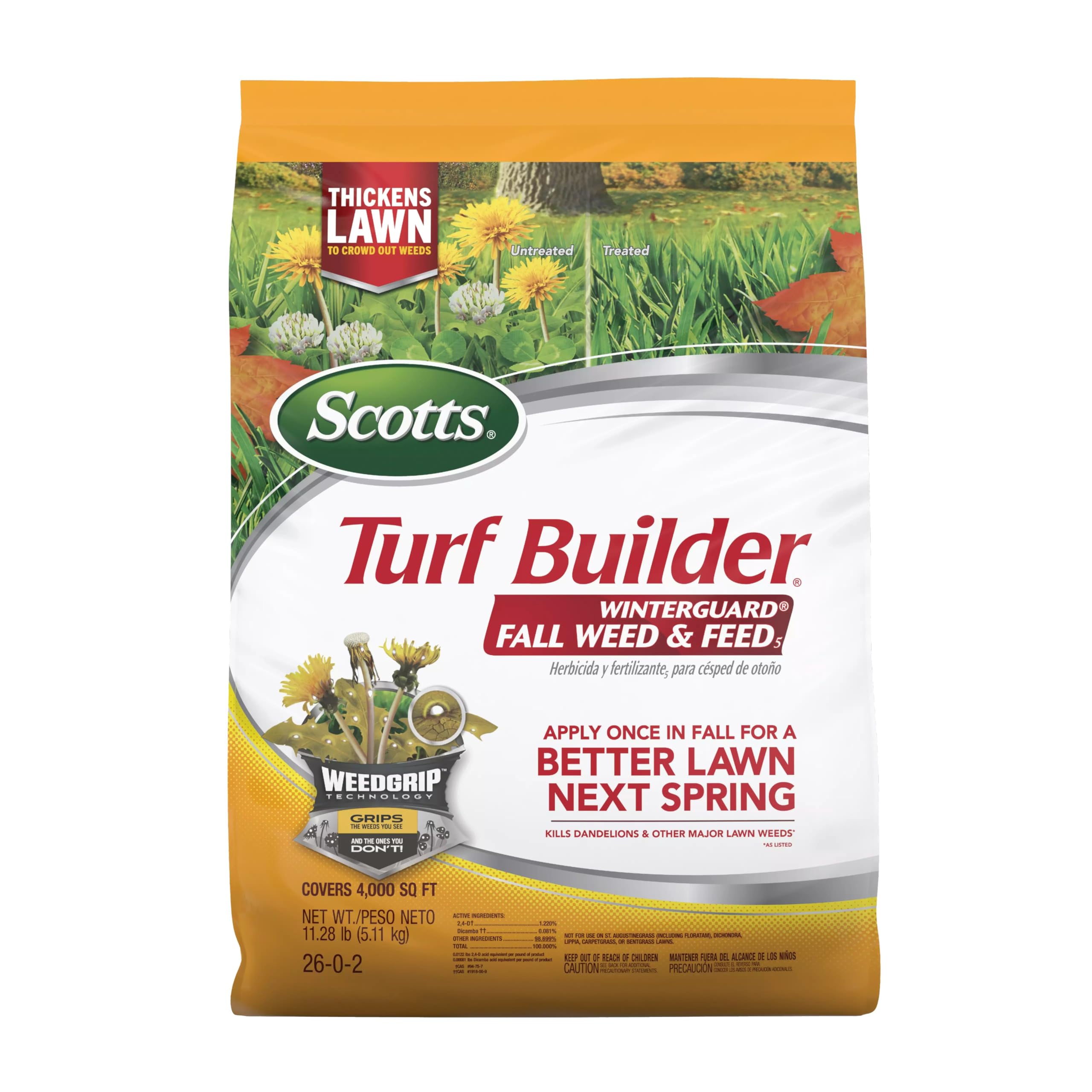 Scotts Turf Builder WinterGuard Fall Weed & Feed5 bag ready for fall lawn treatment.