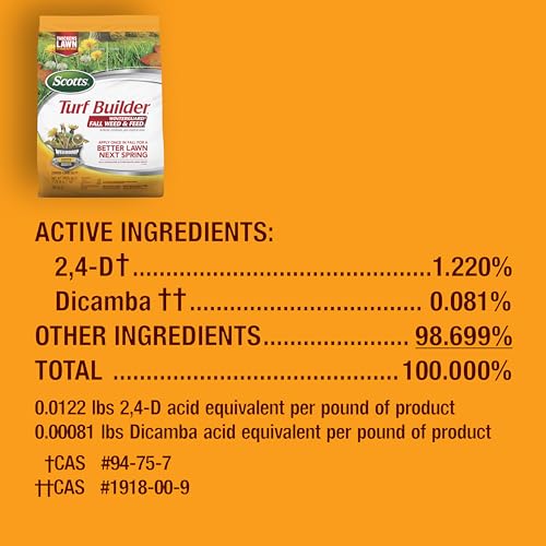 Scotts WinterGuard Fall Weed & Feed5 spreader-ready application on a green lawn.