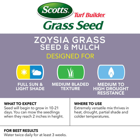 Scotts Turf Builder Zoysia seed and mulch in sunny partial shade for robust growth.