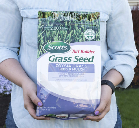 Scotts Turf Builder Zoysia seed and mulch mix promoting weed-free germination.