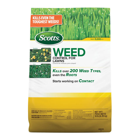 Scotts Weed Control for Lawns bag sits ready to treat a large yard up to 5,000 sq ft.