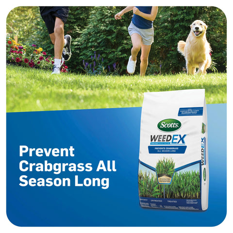 Scotts WeedEx Prevent with Halts bag back with usage details for lawn care