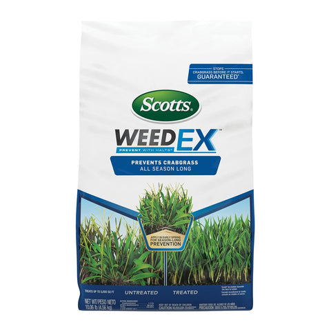 Scotts WeedEx Prevent with Halts bag front showing spring lawn protection for crabgrass germination