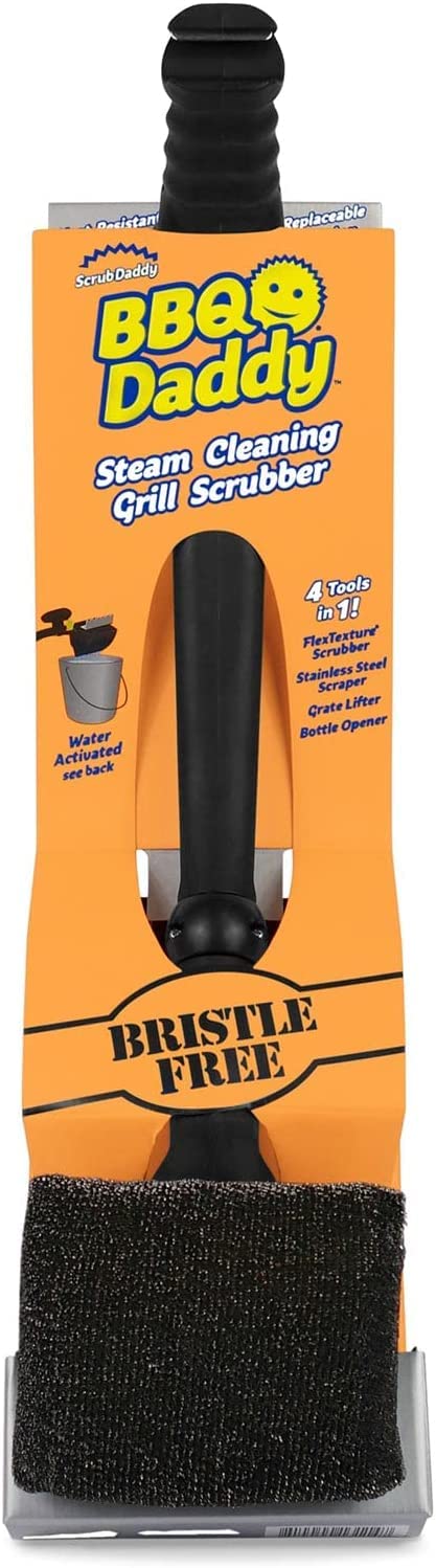 Scrub Daddy BBQ Daddy grill brush in action with bristle-free head for safe cleaning