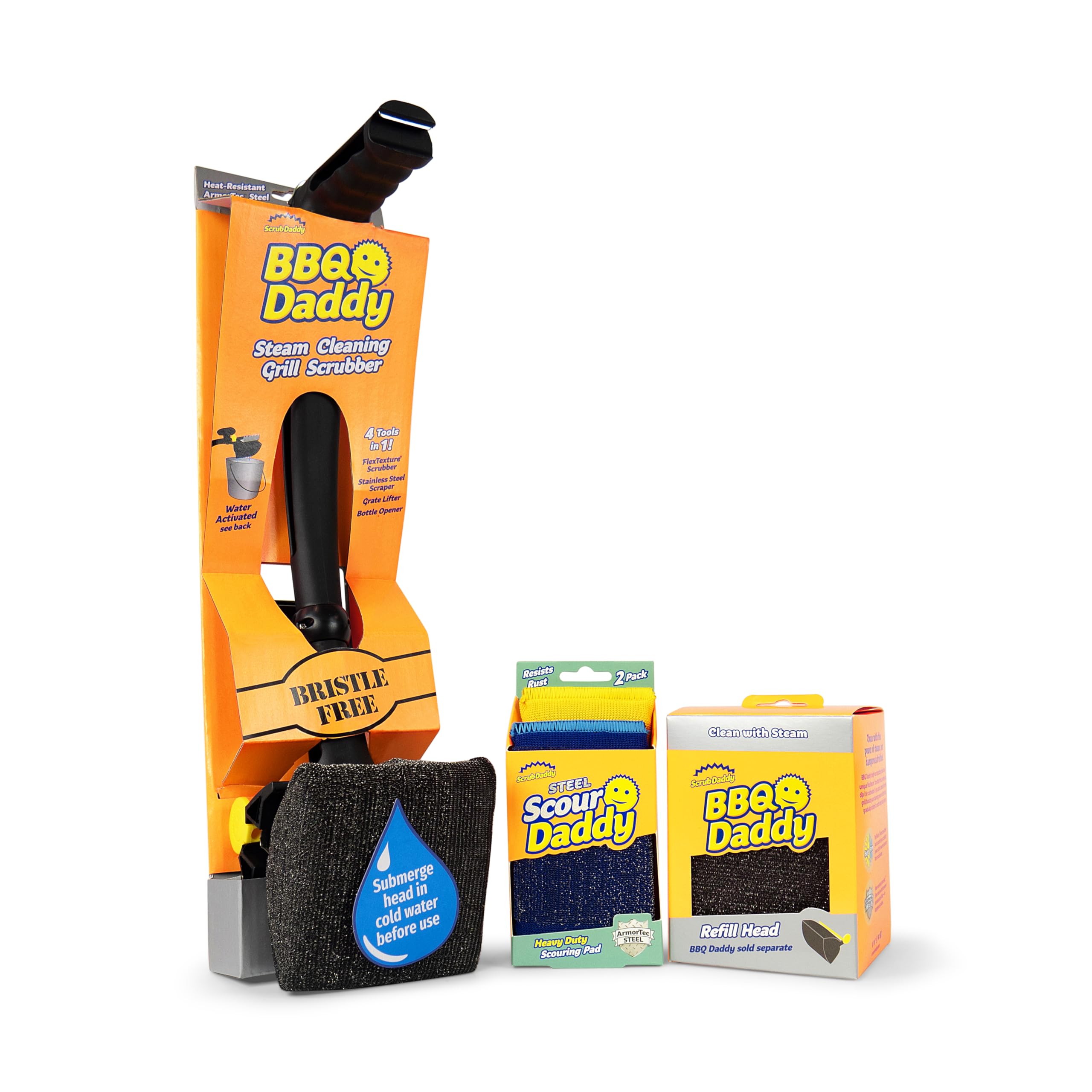 Scrub Daddy BBQ Daddy bristle-free grill brush in use for deep grate cleaning.