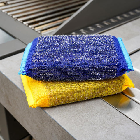 Two steel scour sponges tackle stubborn residue on grills and cookware.