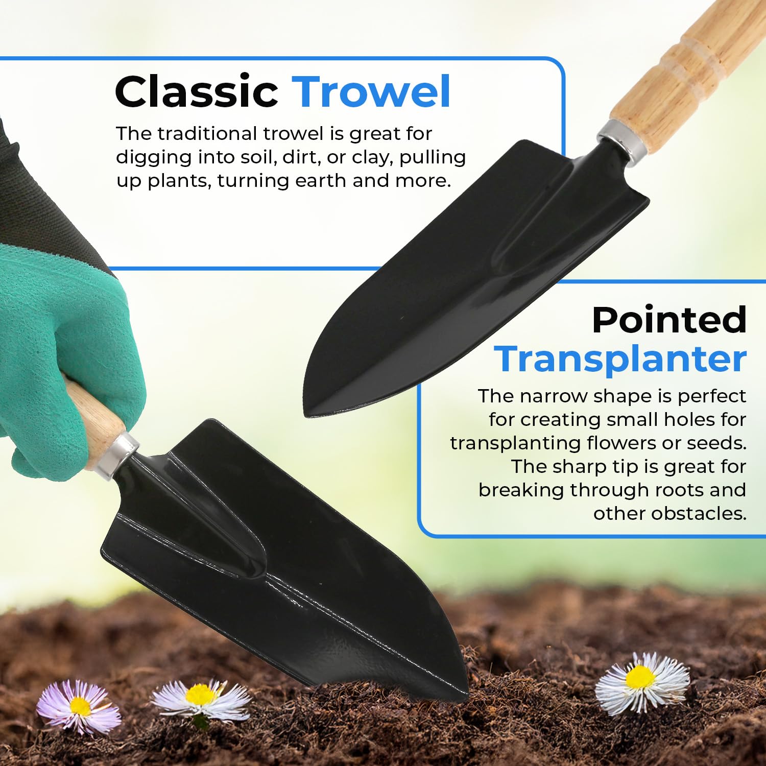 Scuddles all-in-one tool set transplanter for careful seedling placement