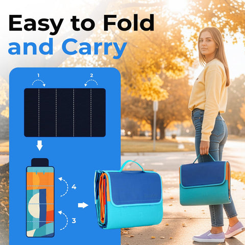 Scuddles compact folded blanket with Velcro strap fits in small bag.