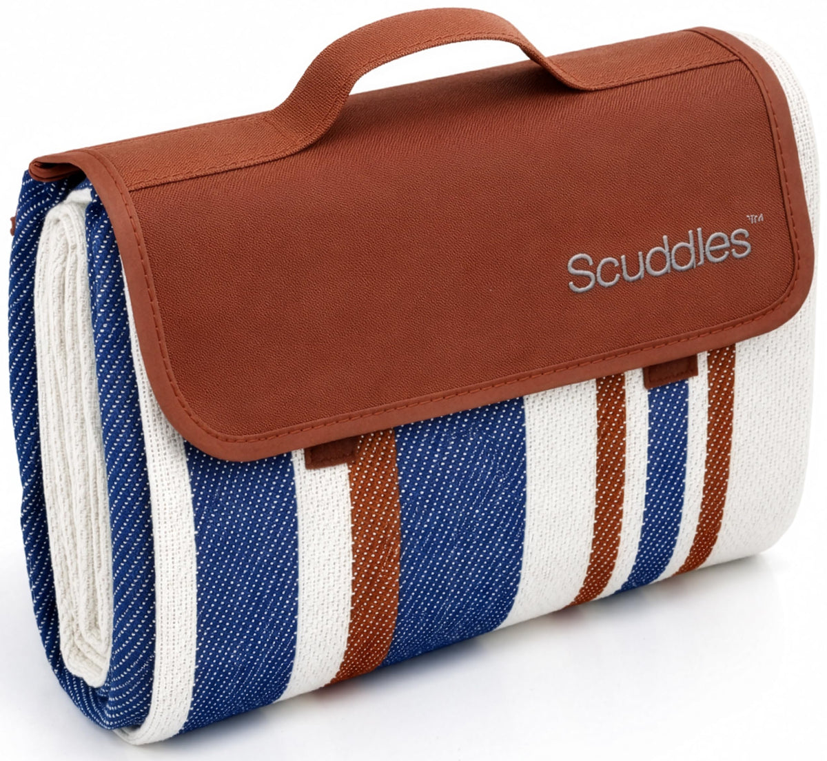 Scuddles picnic blanket folded for travel with carry strap for portability