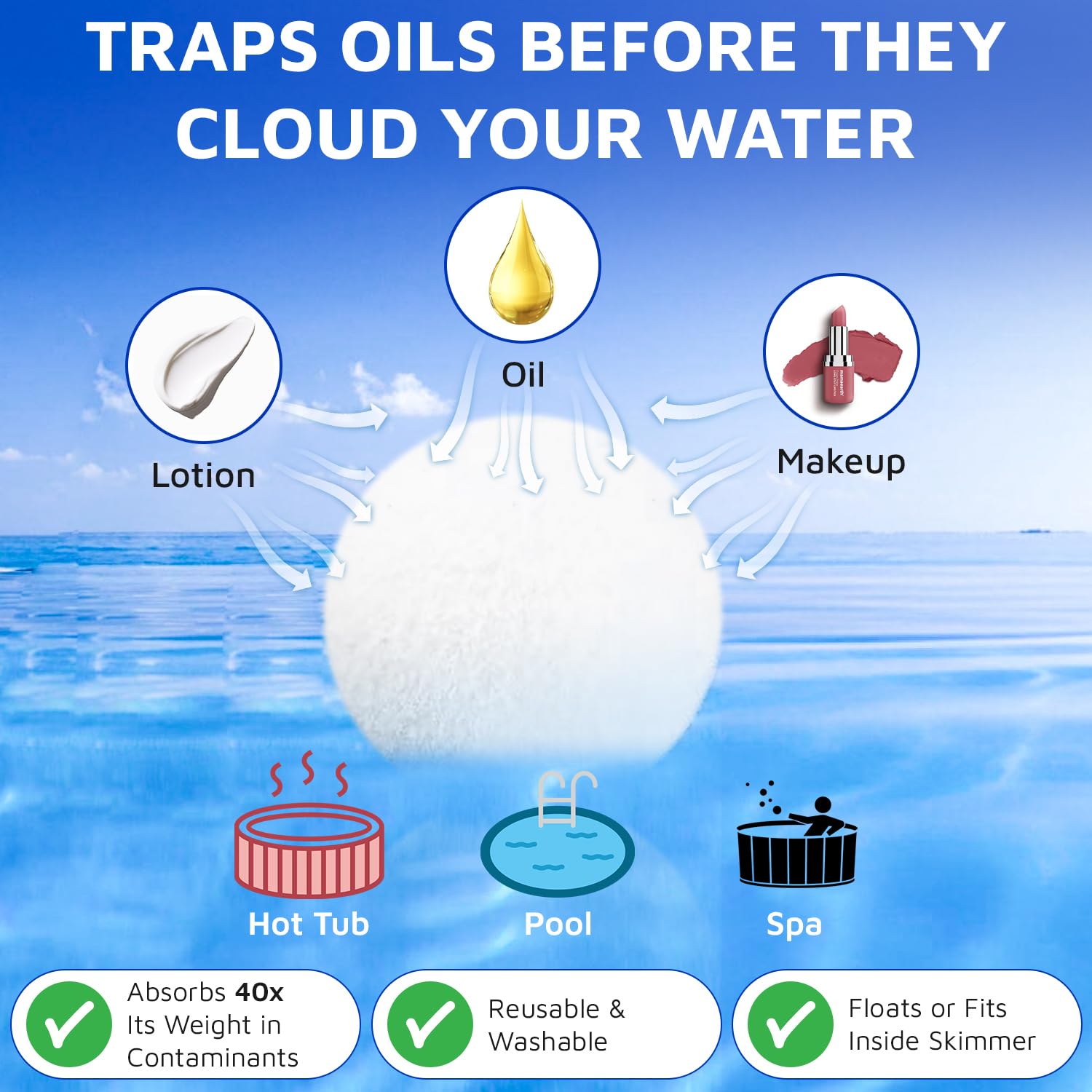 SCUMBALL spa surface cleaner floating in skimmer reduces oil buildup