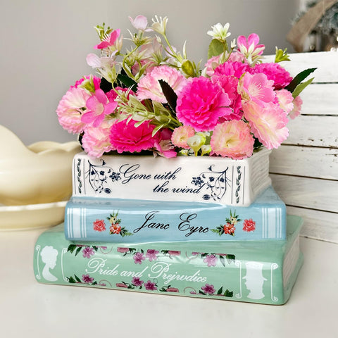 Scuyari small book-shaped planter ceramic vase with stacked book look for stylish living room decor