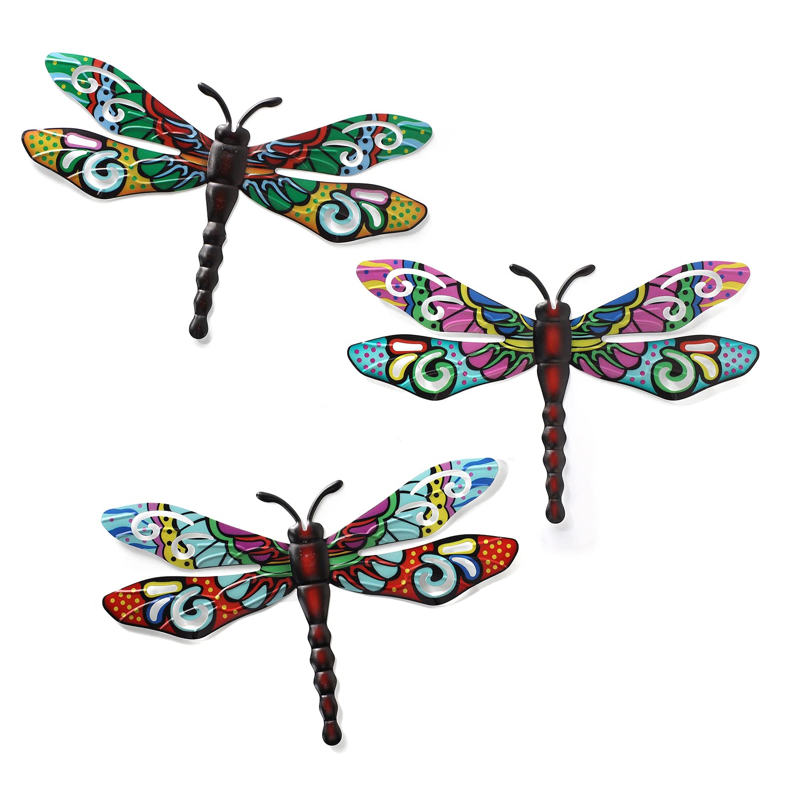 Scwhousi metal dragonfly wall decor 3-pack with vibrant 3D detail for outdoors