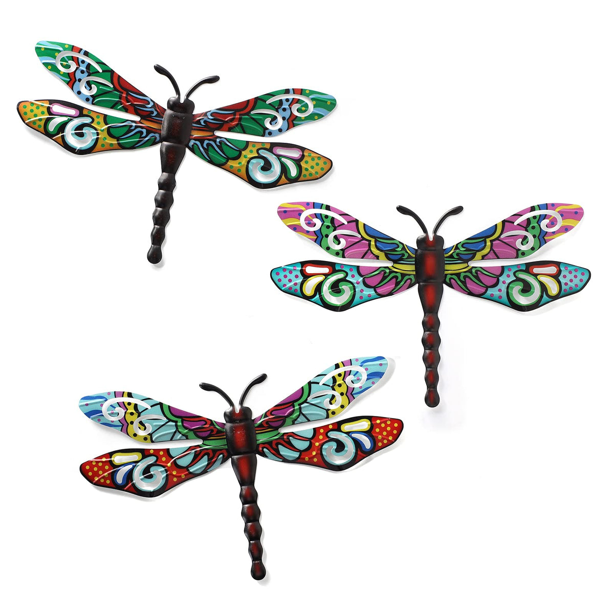 Scwhousi metal dragonfly wall decor 3-pack with vibrant 3D detail for outdoors