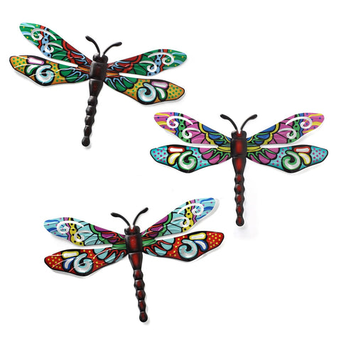 Scwhousi metal dragonfly wall decor 3-pack with vibrant 3D detail for outdoors