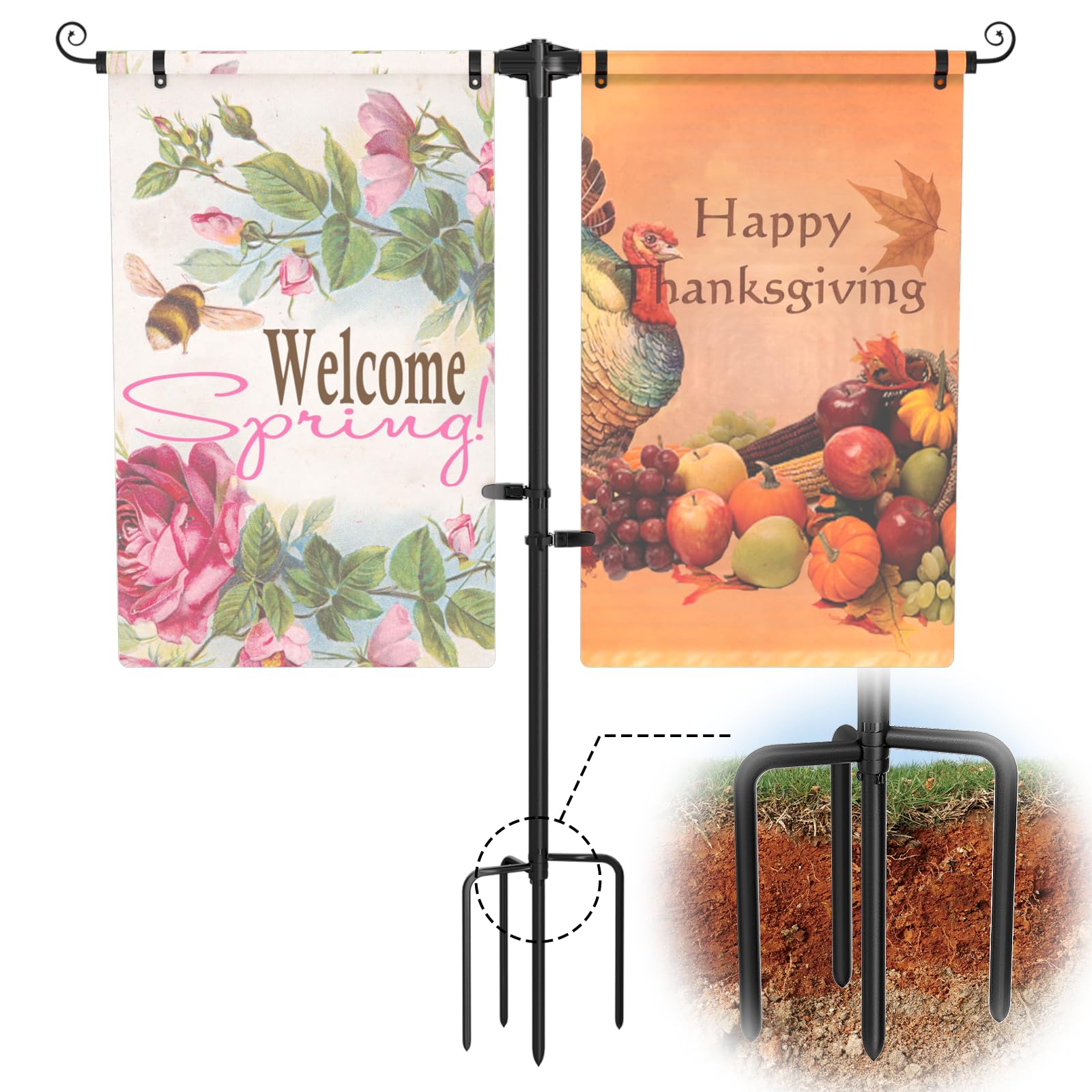 SCWN garden flag stand with 4-prong base for stable outdoor display.