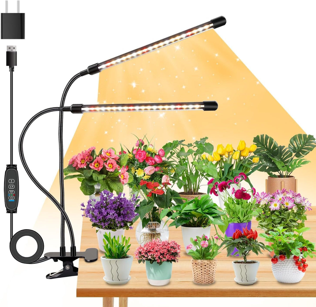SDOVUERC full-spectrum dual-heads grow light on desk for thriving indoor seedlings