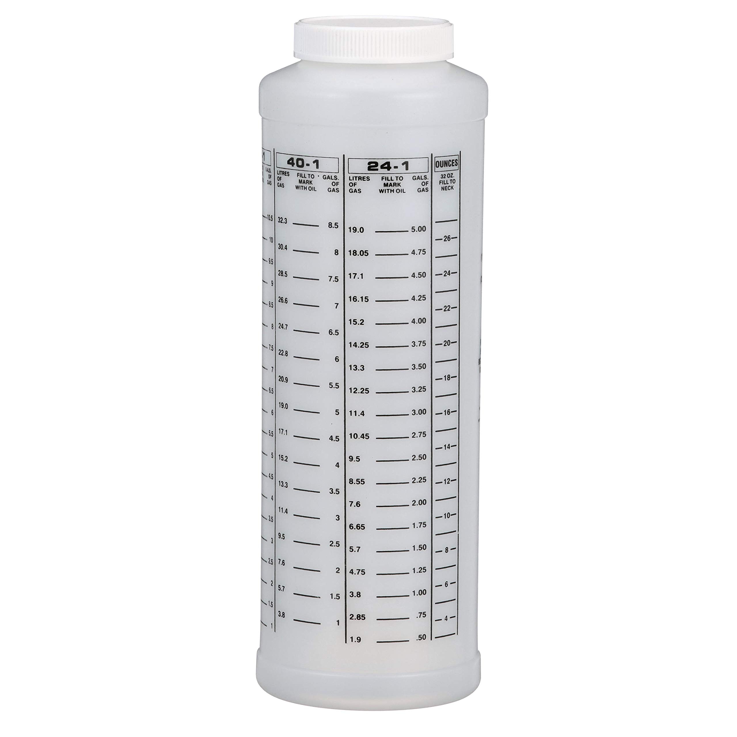 Seachoice clear plastic bottle highlighting volume markings for oil-gas blending