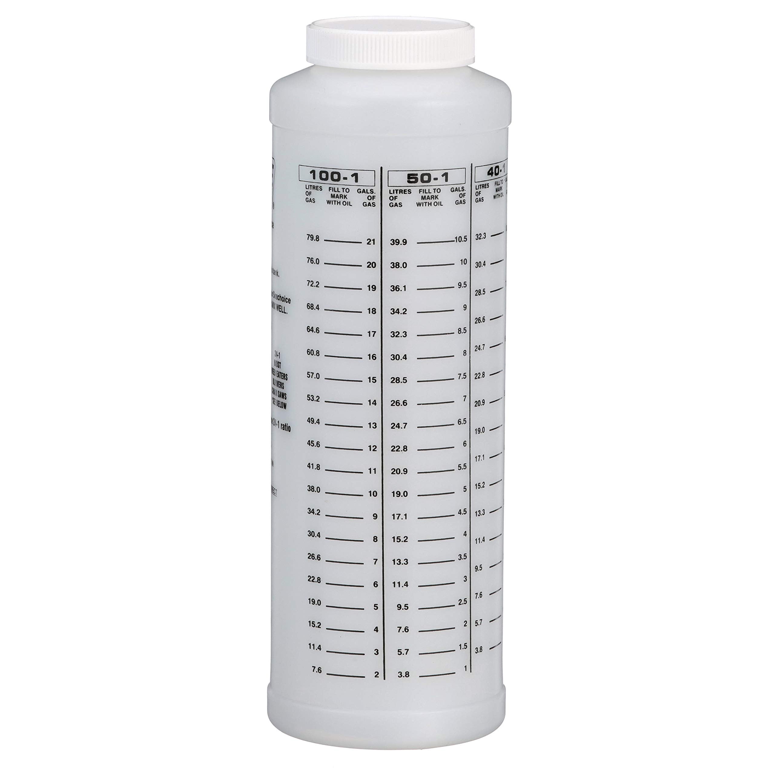 Seachoice container shows liter and gallon ratio marks for accurate mixing