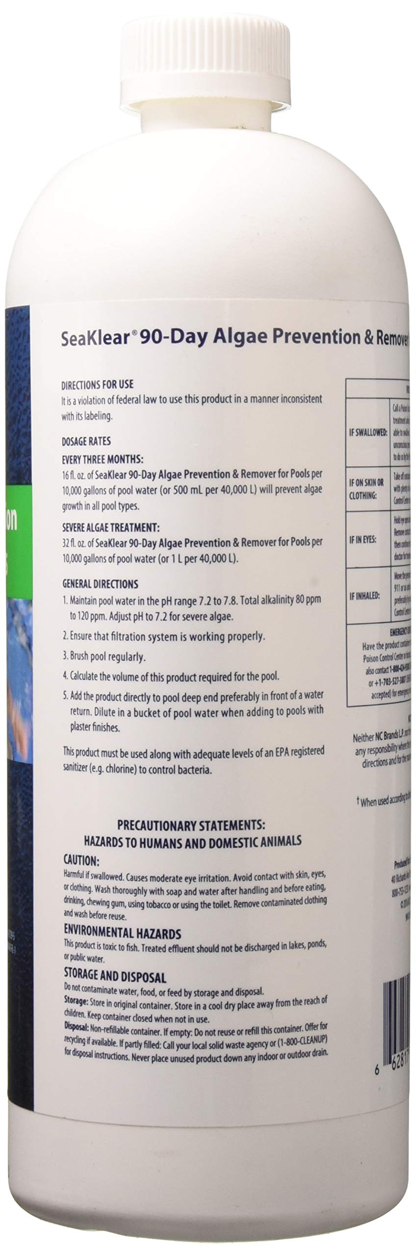 SeaKlear algae prevention bottle label highlights 90-day protection