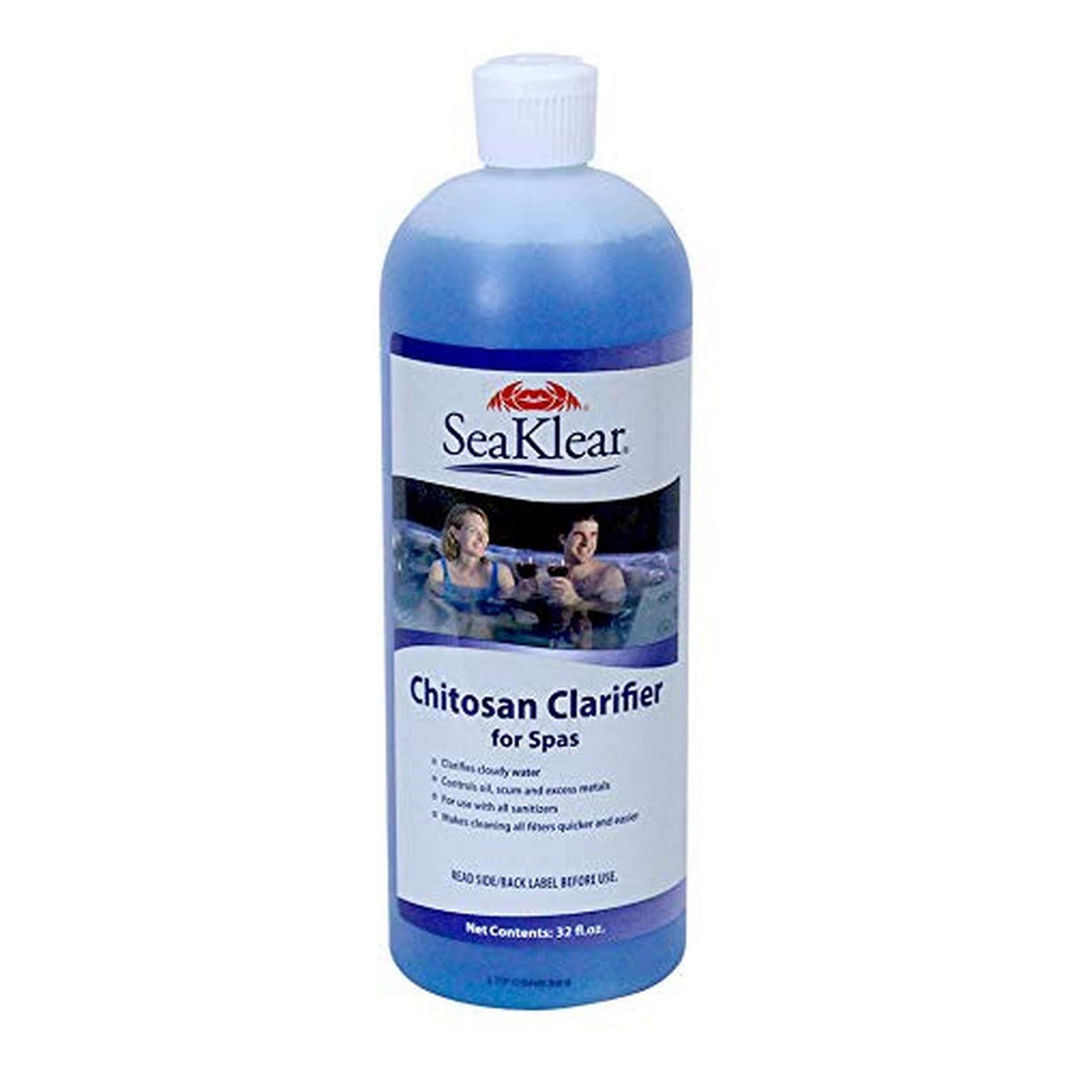SeaKlear chitosan spa clarifier bottle promotes crystal-clear water and easy filter maintenance.