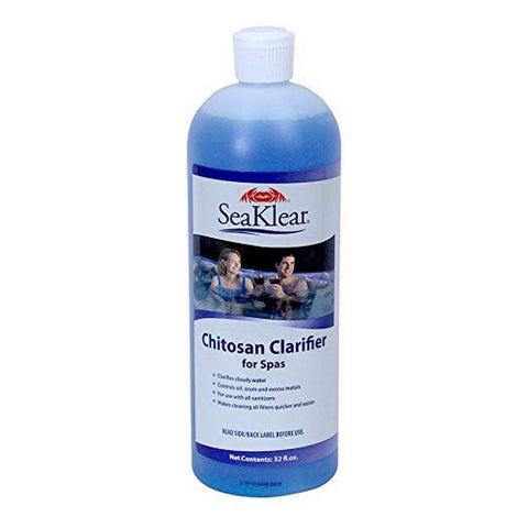 SeaKlear chitosan spa clarifier bottle promotes crystal-clear water and easy filter maintenance.