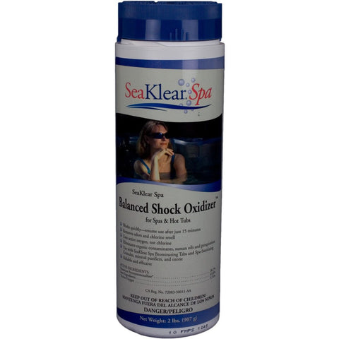 SeaKlear Spa Balanced Shock Oxidizer bottle pour demonstrates quick odor control for spas