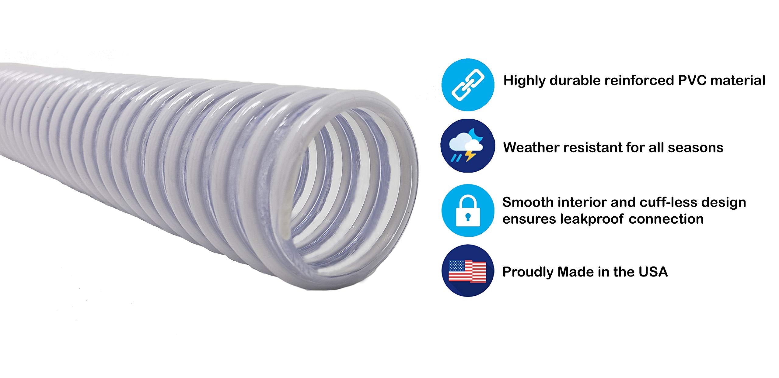 Sealproof clear-color pool hose highlights flow visibility for easy monitoring.
