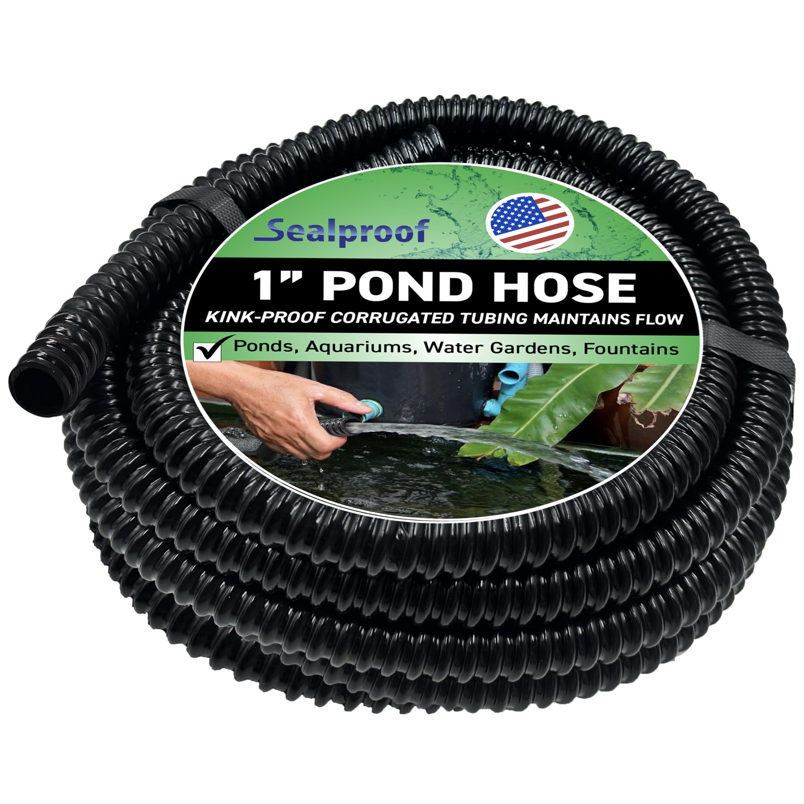 Sealproof corrugated tubing with 1inch ID for steady pond flow.