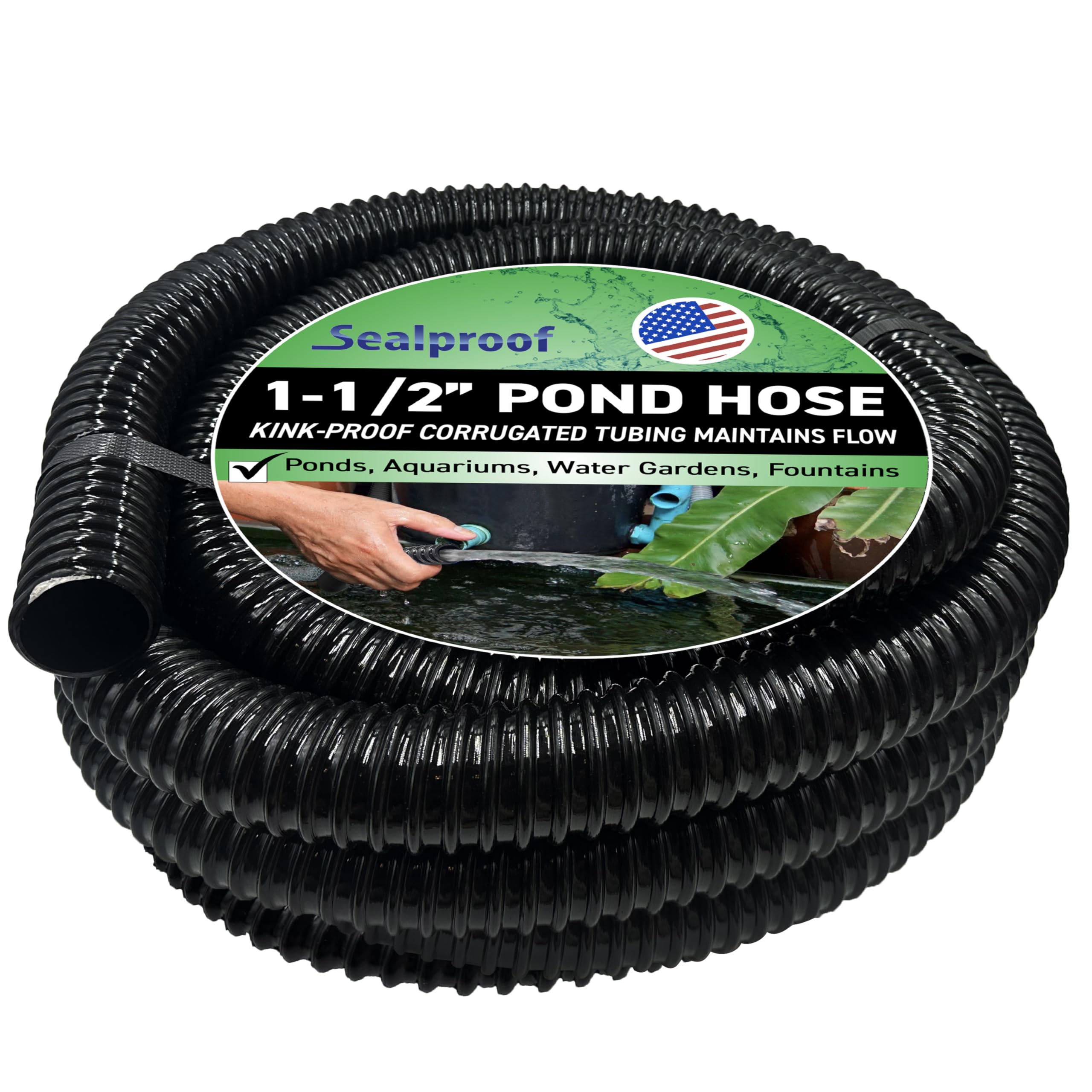 Sealproof Kinkproof 1-1/2 inch ID tubing for ponds ensures steady water flow.