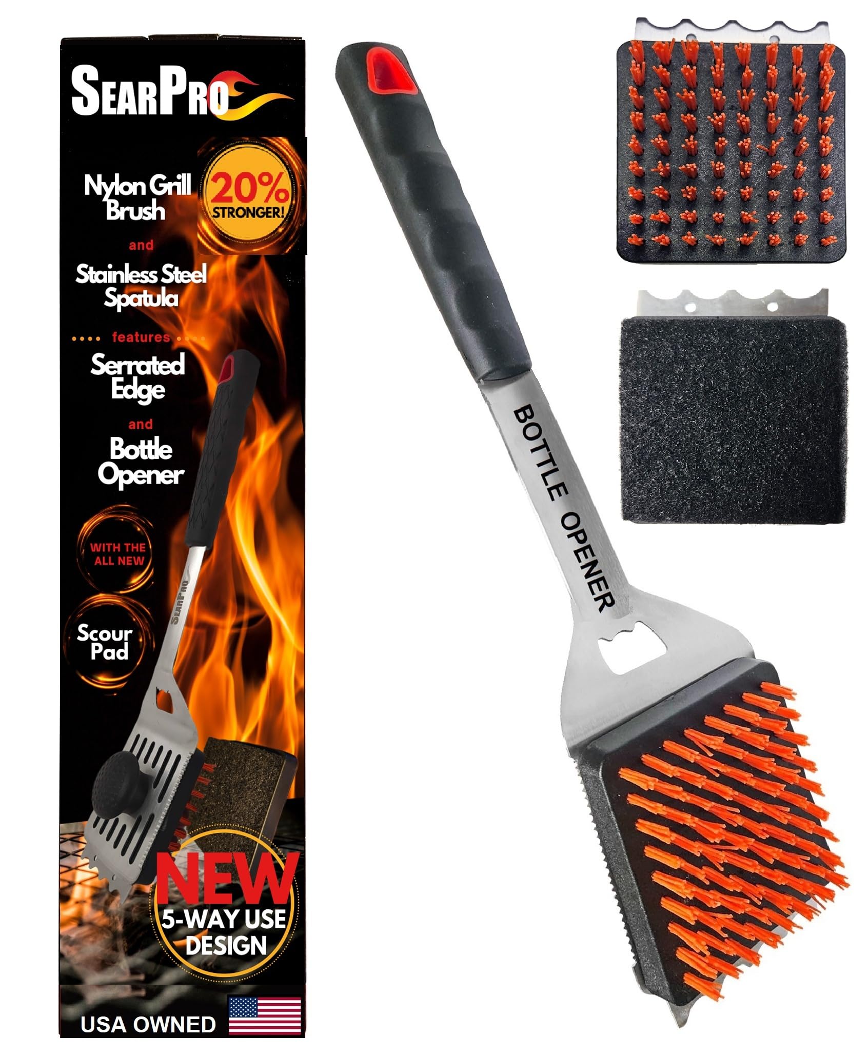 SearPro 5-in-1 grill brush head with nylon bristles for safe grilling.