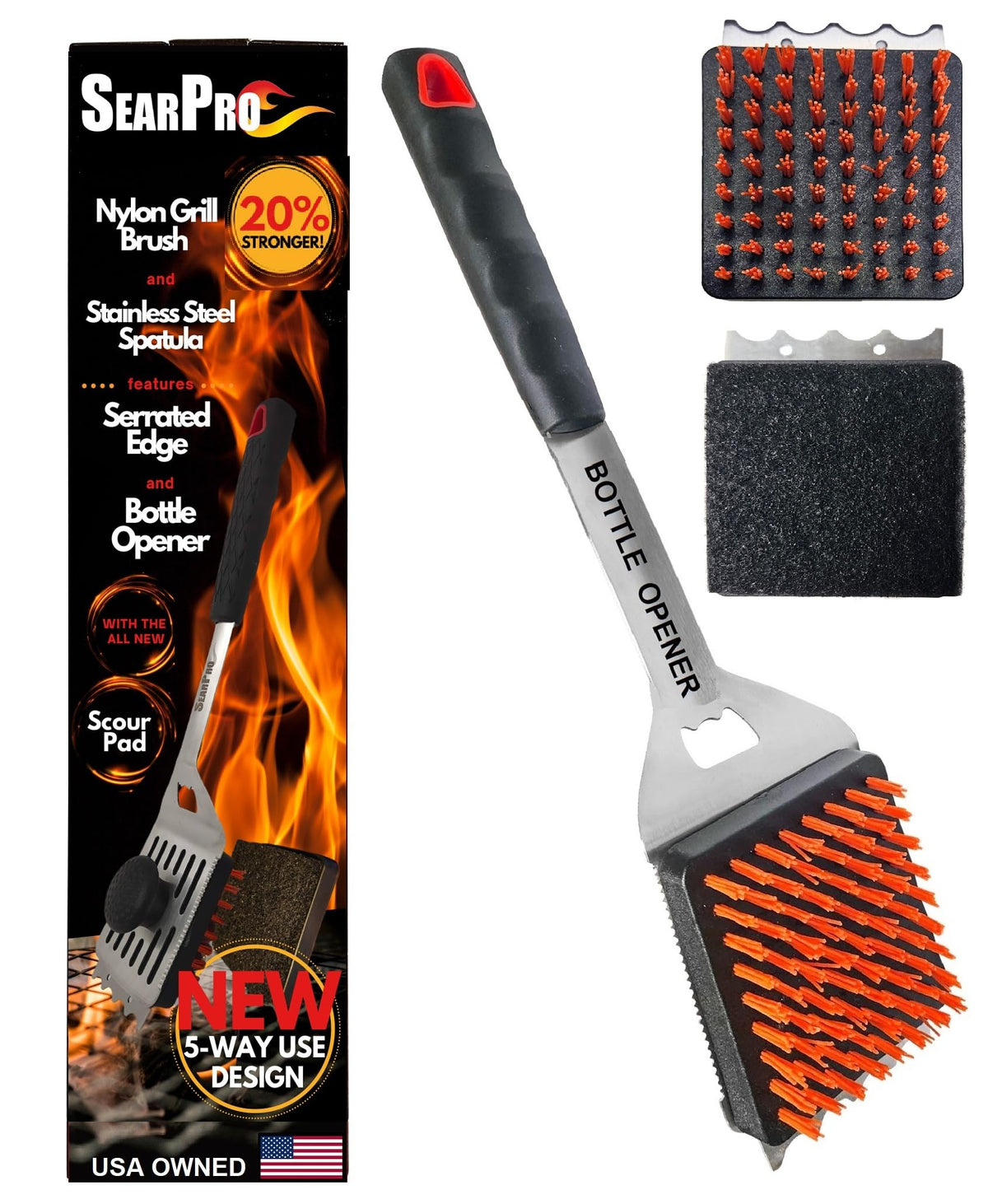 SearPro 5-in-1 grill brush head with nylon bristles for safe grilling.