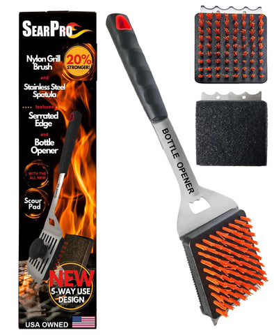 SearPro 5-in-1 grill brush head with nylon bristles for safe grilling.