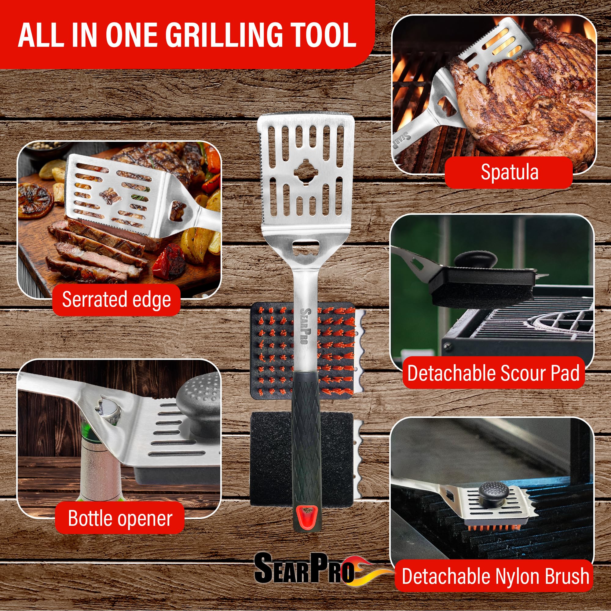 SearPro serrated edge for precise meat slicing.