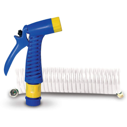 SeaSense coiled hose with pistol-grip nozzle, ideal for easy storage and versatile outdoor wash-downs.