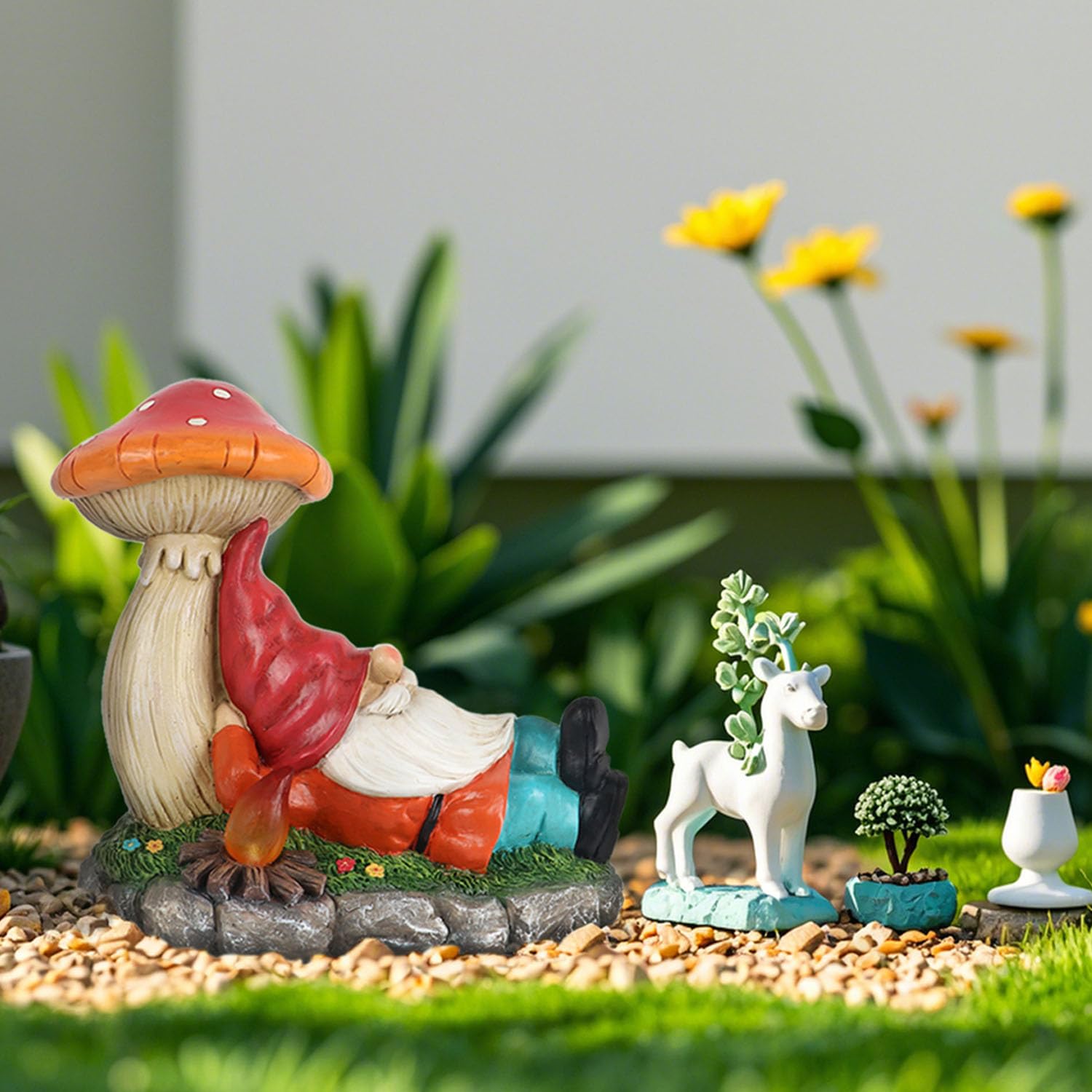 Season 2 Season gnome statues glow at night, enriching garden scenes
