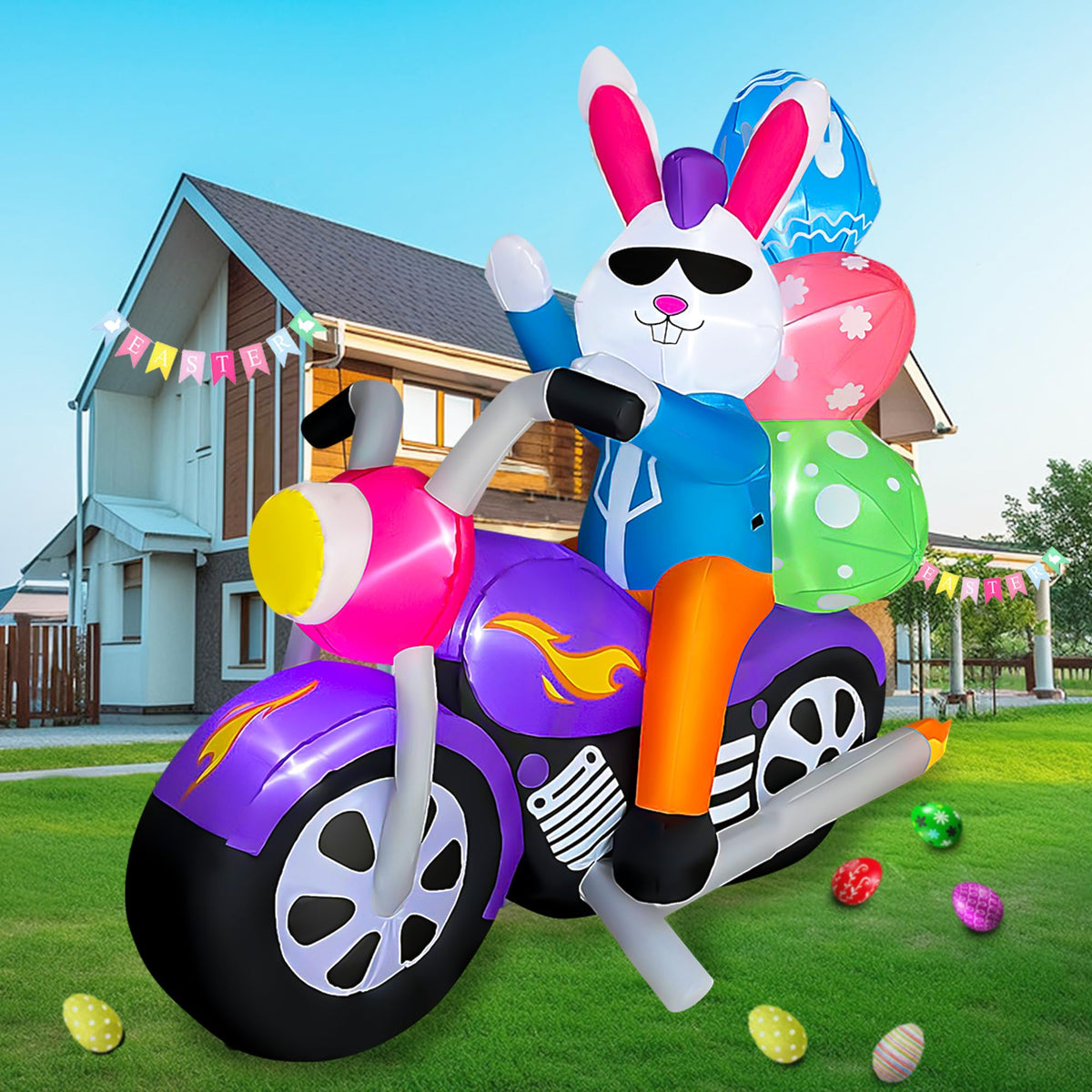 SEASONBLOW 6ft Easter bunny on motorcycle with eggs for festive yard decor