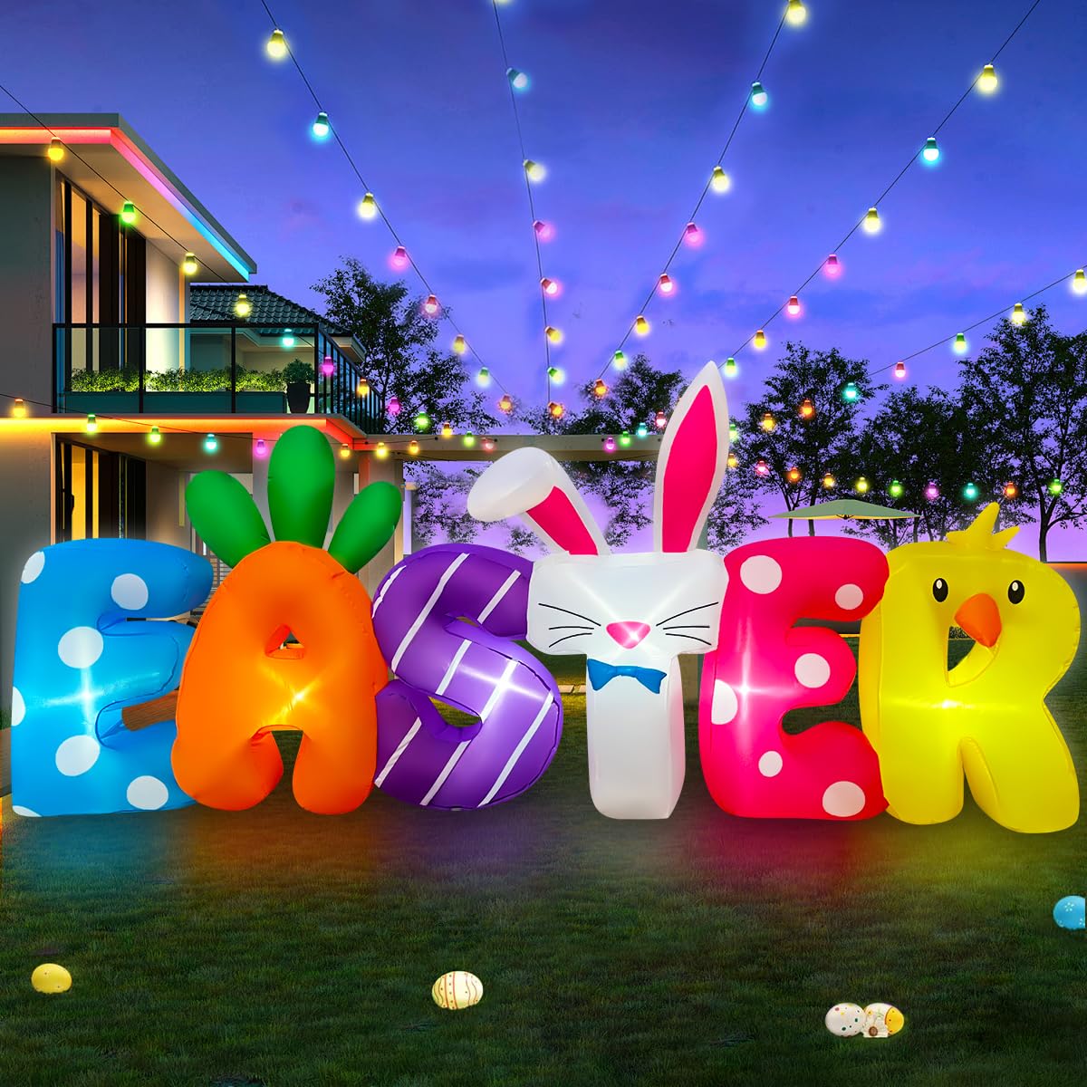 SEASONBLOW Easter banner, 8 ft front view with LED lights for outdoor festivities.