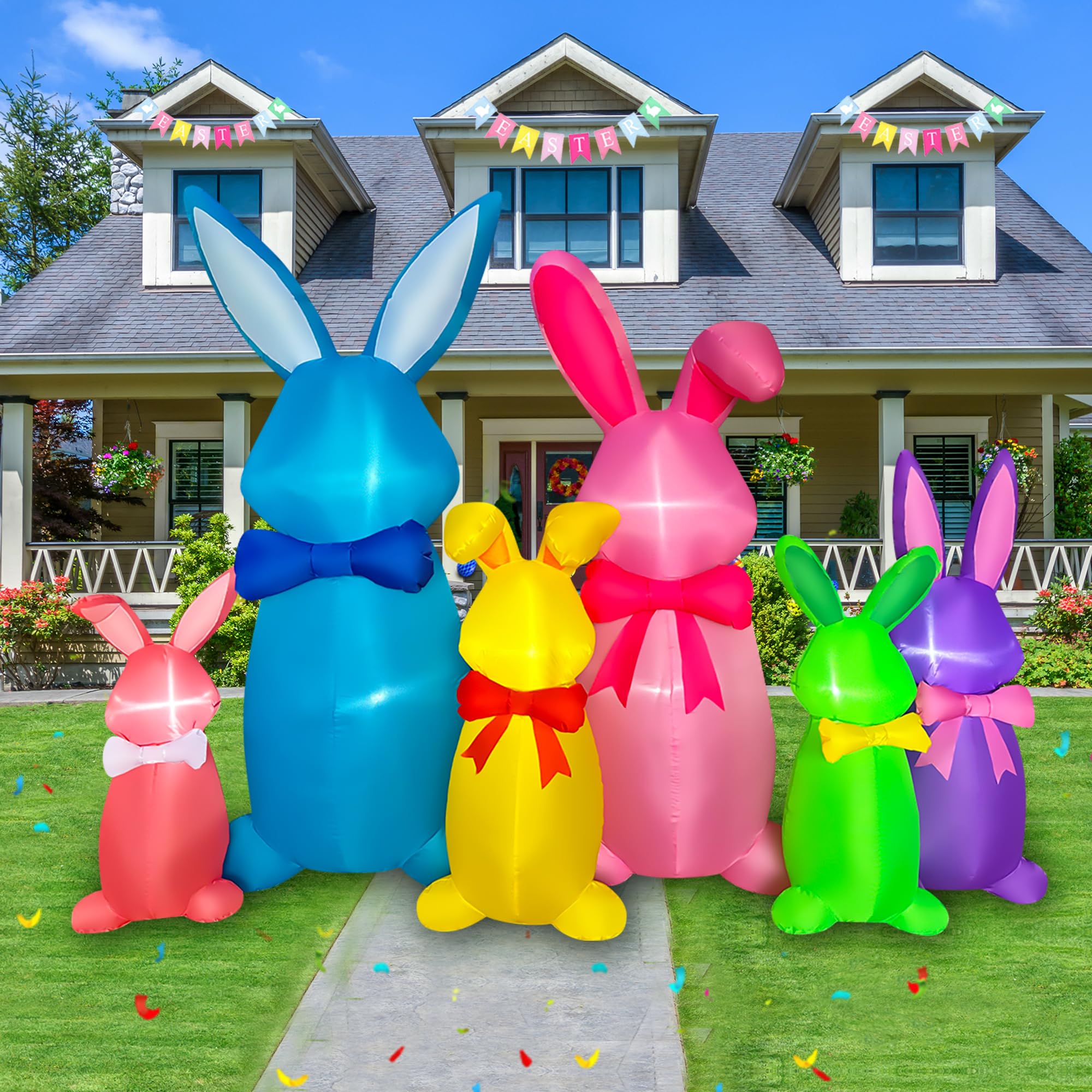 SEASONBLOW inflatable bunny secured with stakes and ropes for wind stability