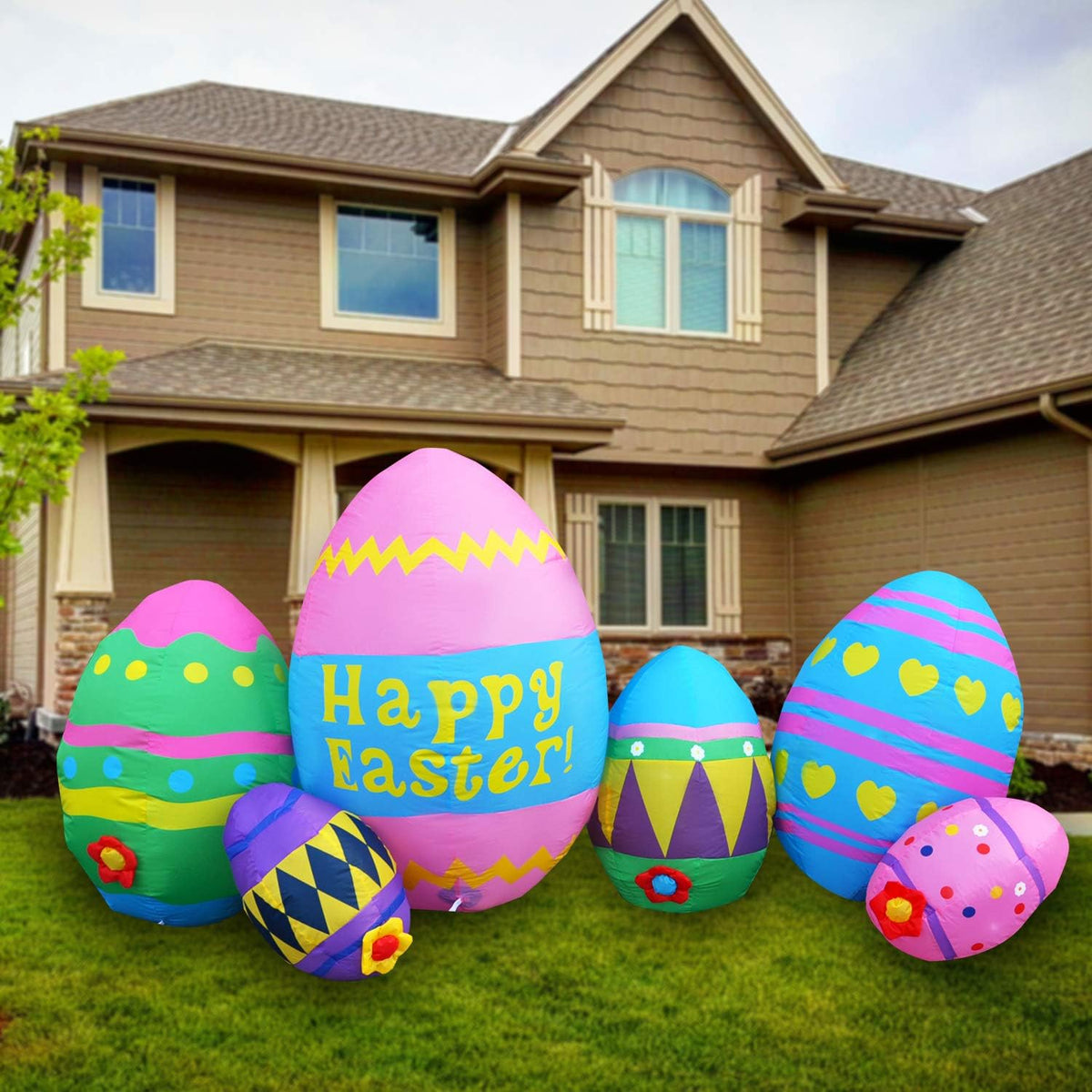 SEASONBLOW Easter egg 8ft inflatable outdoors in garden for vibrant yard decor.