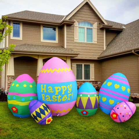 SEASONBLOW Easter egg 8ft inflatable outdoors in garden for vibrant yard decor.