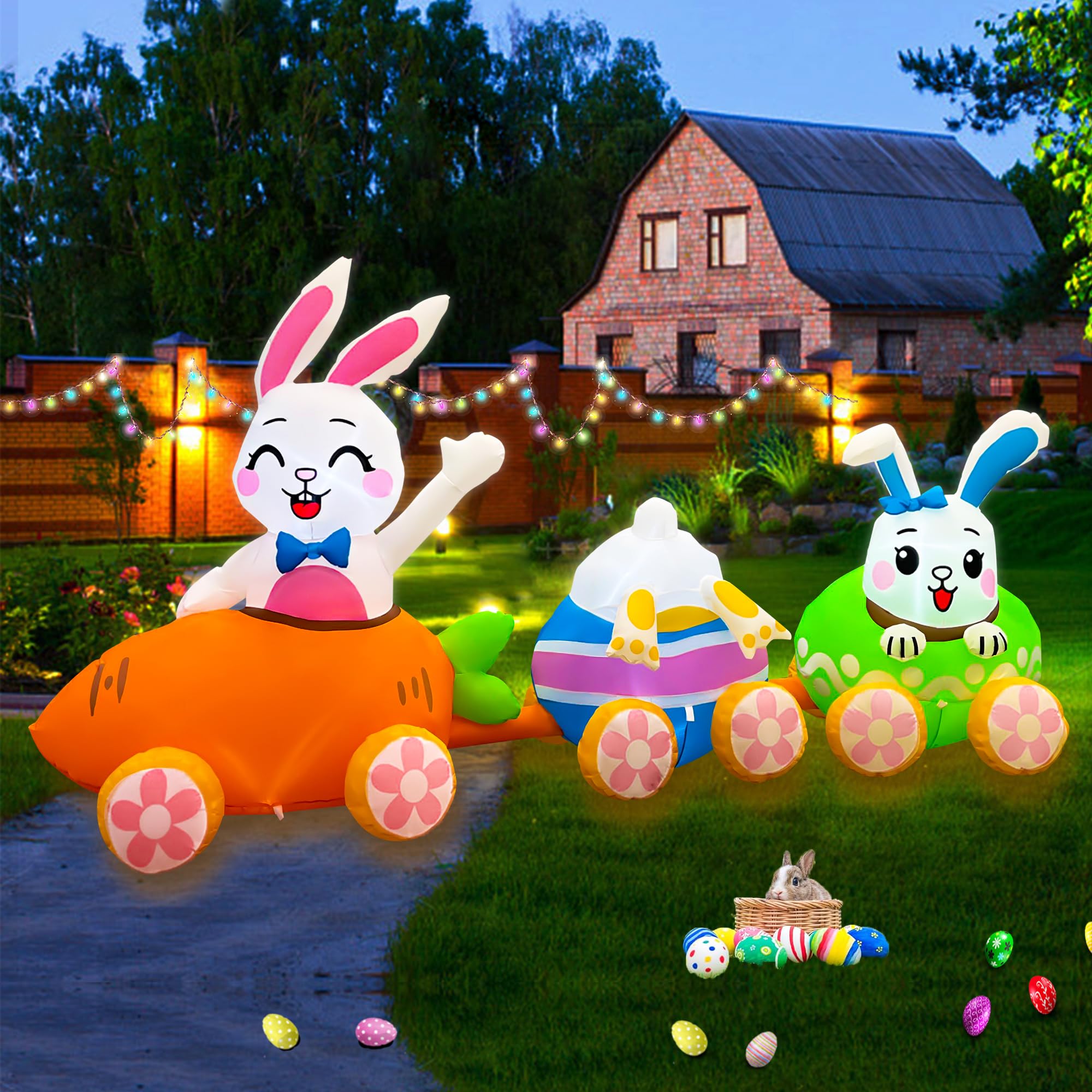 SEASONBLOW inflatable bunny ride train garden view with decorative details.
