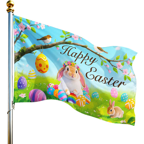 Season's Friends Happy Easter flag with bunny meadow boosts curb appeal for porch spaces.