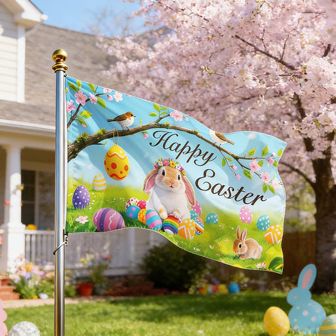 Season's Friends flag showcases colorful eggs and birds to brighten spring yards.