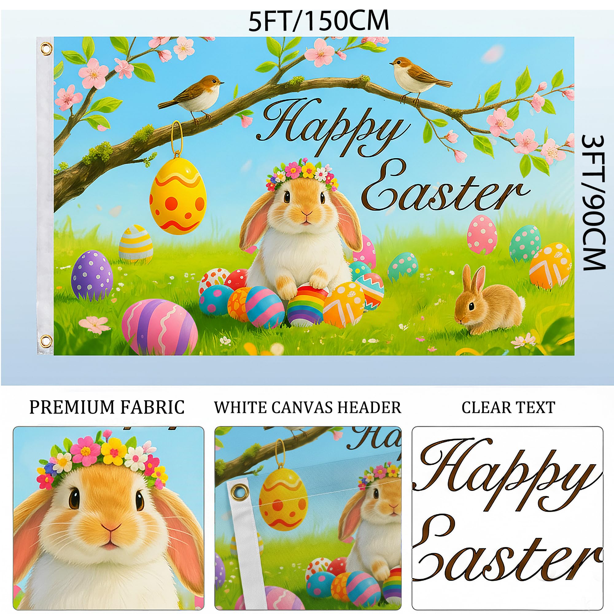 Season's Friends double-sided Easter flag shown from multiple angles with vibrant print.