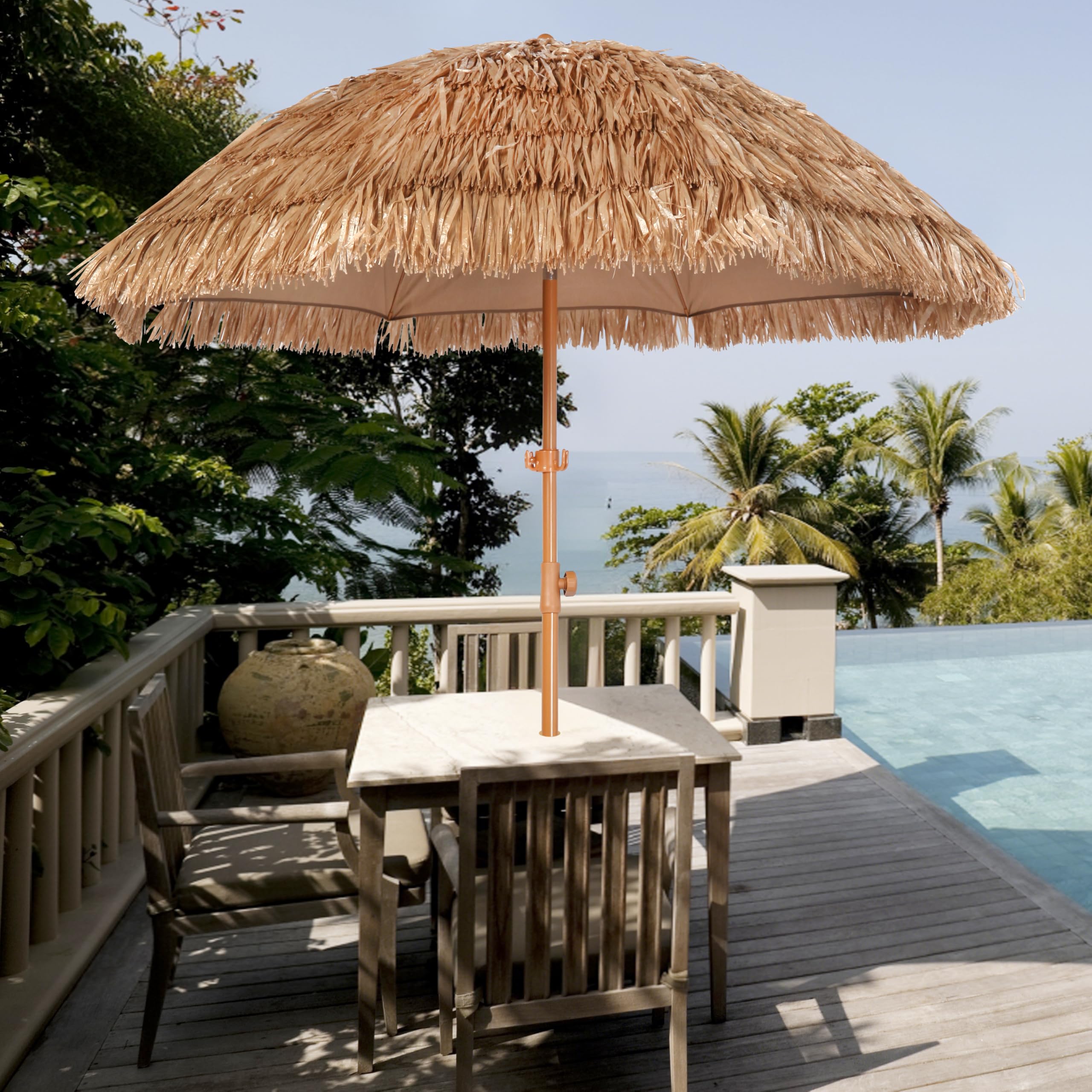 Seazul thatched tiki umbrella ideal for poolside or tiki bar settings