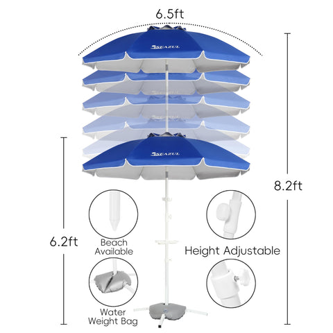 Seazul water weight bag anchors the umbrella on varied surfaces.